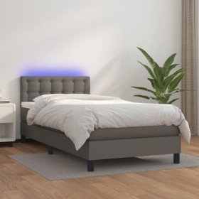 Cama box spring y colchón LED cuero sintético gris 90x200 cm Cama box spring y colchón LED cuero sintético gris 90x200 cm