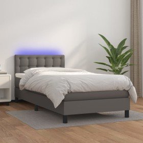Cama box spring colchón y LED cuero sintético gris 100x200 cm Cama box spring colchón y LED cuero sintético gris 100x200 cm