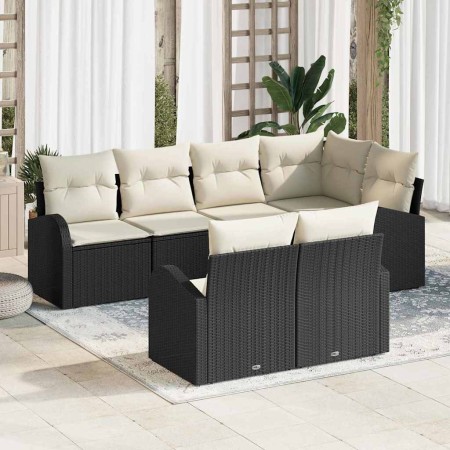 Conjunto de sofá de jardín con cojín 7 pcs Negro Poliratán