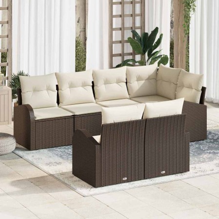 Conjunto de sofá de jardín con cojín 7 pcs Marrón Poliratán