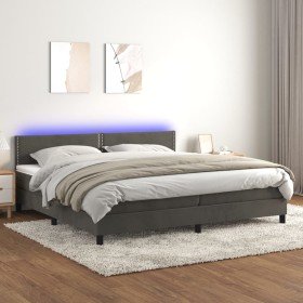 Cama box spring colchón y LED terciopelo gris oscuro 200x200 cm Cama box spring colchón y LED terciopelo gris oscuro 200x200 cm