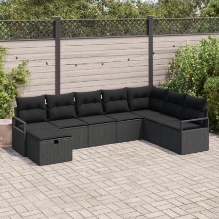 Set de Sofá de Jardín de 8 Piezas con Cojines de Poliratán Negro, Sofá de Jardín de 2 Plazas con Cojines de Poliratán Negro v...