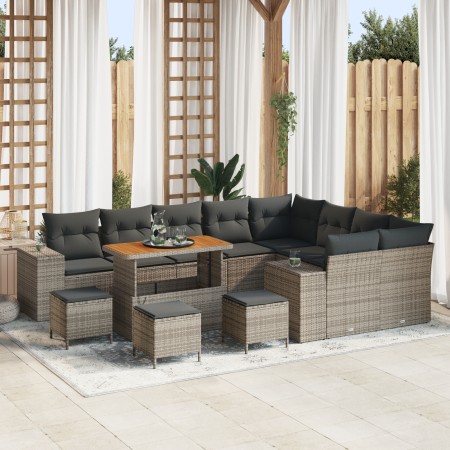 Juego de Sofás de Jardín de 13 Piezas con Cojines Gris Ratán, Juego de Comedor de Jardín de 4 Piezas con Cojines Gris Ratán b...