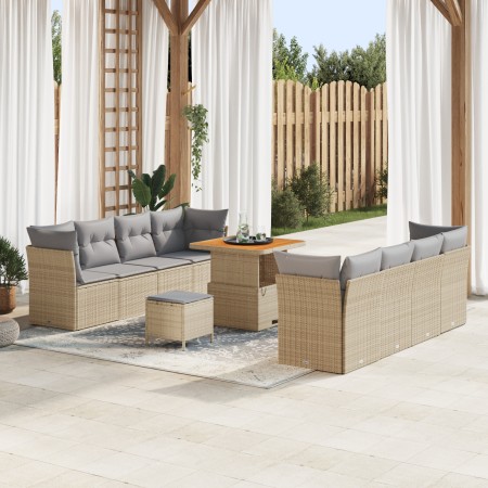 Juego de sofá de jardín de 11 piezas con cojines beige ratán, Juego de comedor de jardín de 3 piezas con cojines beige ratán ...