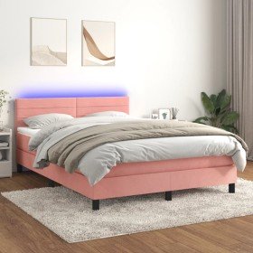Cama box spring colchón y LED terciopelo rosa 140x190 cm Cama box spring colchón y LED terciopelo rosa 140x190 cm