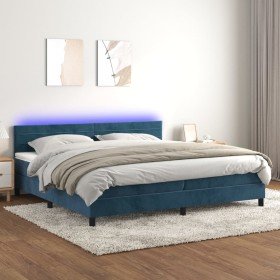 Cama box spring colchón y LED terciopelo azul oscuro 200x200 cm Cama box spring colchón y LED terciopelo azul oscuro 200x200 cm