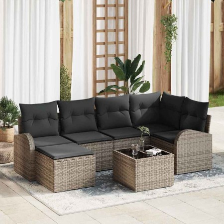 Conjunto de sofá de jardín con cojín 7 pcs Gris Poliratán