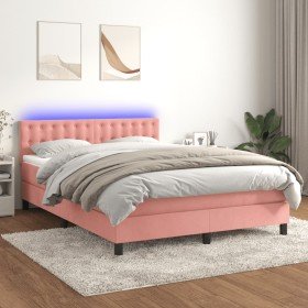Cama box spring colchón y LED terciopelo rosa 140x190 cm Cama box spring colchón y LED terciopelo rosa 140x190 cm