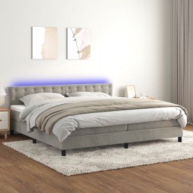 Cama box spring colchón y LED terciopelo gris claro 200x200 cm Cama box spring colchón y LED terciopelo gris claro 200x200 cm