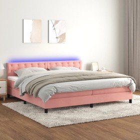 Cama box spring colchón y LED terciopelo rosa 200x200 cm Cama box spring colchón y LED terciopelo rosa 200x200 cm