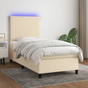 Cama box spring colchón y luces LED tela crema 80x200 cm Cama box spring colchón y luces LED tela crema 80x200 cm