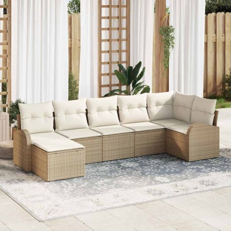 Conjunto de sofá de jardín con cojín 7 pcs Beige Poliratán