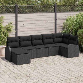 Conjunto de sofá de jardín con cojín 7 pcs Negro Poliratán