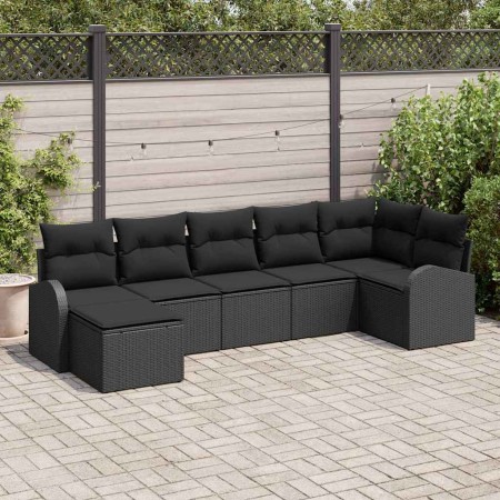 Conjunto de sofá de jardín con cojín 7 pcs Negro Poliratán