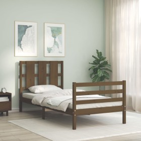 Estructura cama y cabecero madera maciza marrón miel 100x200 cm