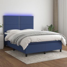 Cama box spring colchón y luces LED tela azul 140x190 cm Cama box spring colchón y luces LED tela azul 140x190 cm