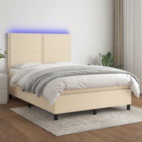 Cama box spring colchón y luces LED tela crema 140x200 cm Cama box spring colchón y luces LED tela crema 140x200 cm