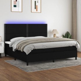 Cama box spring colchón y luces LED tela negro 200x200 cm