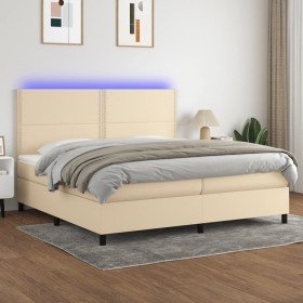 Cama box spring colchón y luces LED tela crema 200x200 cm Cama box spring colchón y luces LED tela crema 200x200 cm