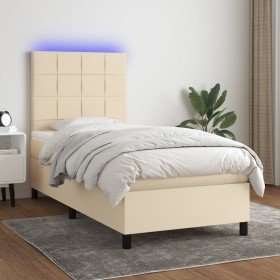 Cama box spring colchón y luces LED tela color crema 90x190 cm Cama box spring colchón y luces LED tela color crema 90x190 cm