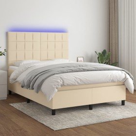 Cama box spring colchón y luces LED tela crema 140x200 cm Cama box spring colchón y luces LED tela crema 140x200 cm