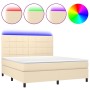 Cama box spring colchón y luces LED tela crema 160x200 cm