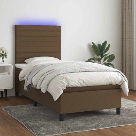 Cama box spring colchón y luces LED tela marrón oscuro 90x200cm en Camas y somieres | Comprar online en Foro24