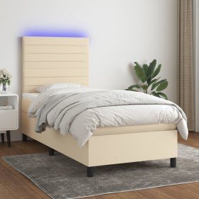 Cama box spring colchón y luces LED tela crema 90x200 cm Cama box spring colchón y luces LED tela crema 90x200 cm