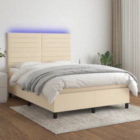 Cama box spring colchón y luces LED tela crema 140x200 cm Cama box spring colchón y luces LED tela crema 140x200 cm