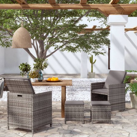 Conjunto de silla de jardín y taburete 4 piezas ratán PE gris