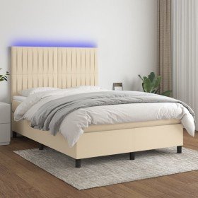 Cama box spring colchón y luces LED tela crema 140x200 cm Cama box spring colchón y luces LED tela crema 140x200 cm