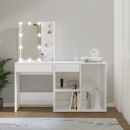 Schminktisch mit LED und glänzend weißem Sperrholzschrank von vidaXL, Schlafzimmerkommoden - Ref: Foro24-3082023, Preis: 150,...