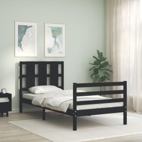 Estructura de cama con cabecero madera maciza negro 100x200 cm