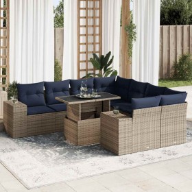 Set sofás jardín y cojines 9 pzas ratán sintético