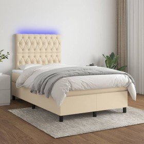 Cama box spring con colchón y LED tela crema 120x200 cm Cama box spring con colchón y LED tela crema 120x200 cm
