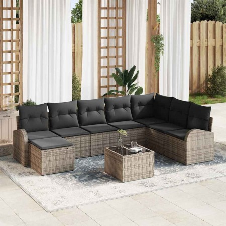 Conjunto de sofá de jardín con cojín 9 pcs Gris Poliratán