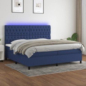 Cama box spring colchón y luces LED tela azul 200x200 cm Cama box spring colchón y luces LED tela azul 200x200 cm