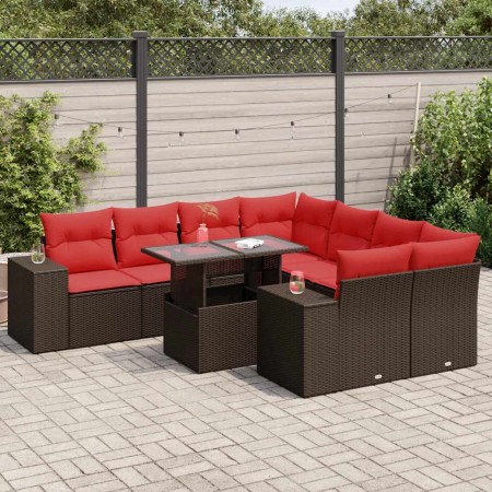 Juego Sofá Jardín 9 Piezas con Cojines Marrón Poli Ratán Acacia by , Garden sets - Ref: Foro24-3326775, Price: 721,62 €, Disc...