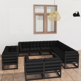 Set de muebles de jardín 11 pzas con cojines madera pino negro