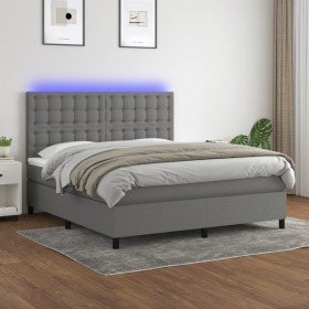 Cama box spring colchón y luces LED tela gris oscuro 180x200 cm