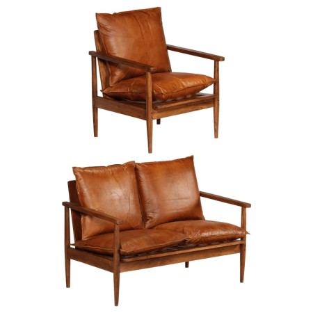 Set sofás 2 pzas marrón cuero auténtico y madera de acacia by , Sofas - Ref: Foro24-3100743, Price: 655,93 €, Discount: %