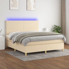 Cama box spring colchón y luces LED tela crema 160x200 cm Cama box spring colchón y luces LED tela crema 160x200 cm