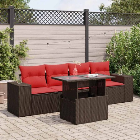 Juego Sofá Jardín 5 Piezas con Cojines Marrón Poli Ratán Acacia by , Garden sets - Ref: Foro24-3326725, Price: 424,70 €, Disc...