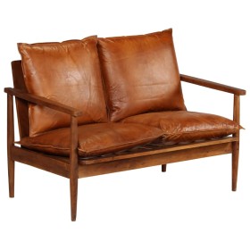 Sofá de 2 plazas cuero auténtico con madera de acacia marrón by , Sofas - Ref: Foro24-246482, Price: 396,58 €, Discount: %