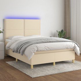 Cama box spring colchón y luces LED tela crema 140x200 cm Cama box spring colchón y luces LED tela crema 140x200 cm