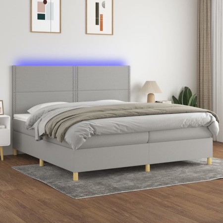 Cama box spring con colchón tela y LED gris claro 200x200 cm