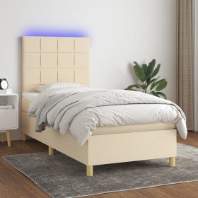 Cama box spring colchón y luces LED tela crema 90x200 cm Cama box spring colchón y luces LED tela crema 90x200 cm