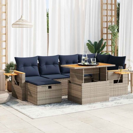 Set sofás jardín y cojines 7 pzas ratán sintético acacia negro by , Garden sets - Ref: Foro24-3328139, Price: 550,79 €, Disco...
