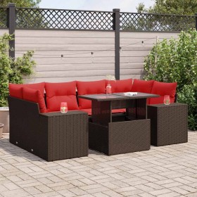 Juego Sofá Jardín 7 Piezas con Cojines Marrón Poli Ratán Acacia de , Conjuntos de jardín - Ref: Foro24-3326755, Precio: 588,74 €