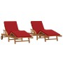 Tumbonas 2 pcs con cojines y ruedas Rojo Madera maciza de Acacia